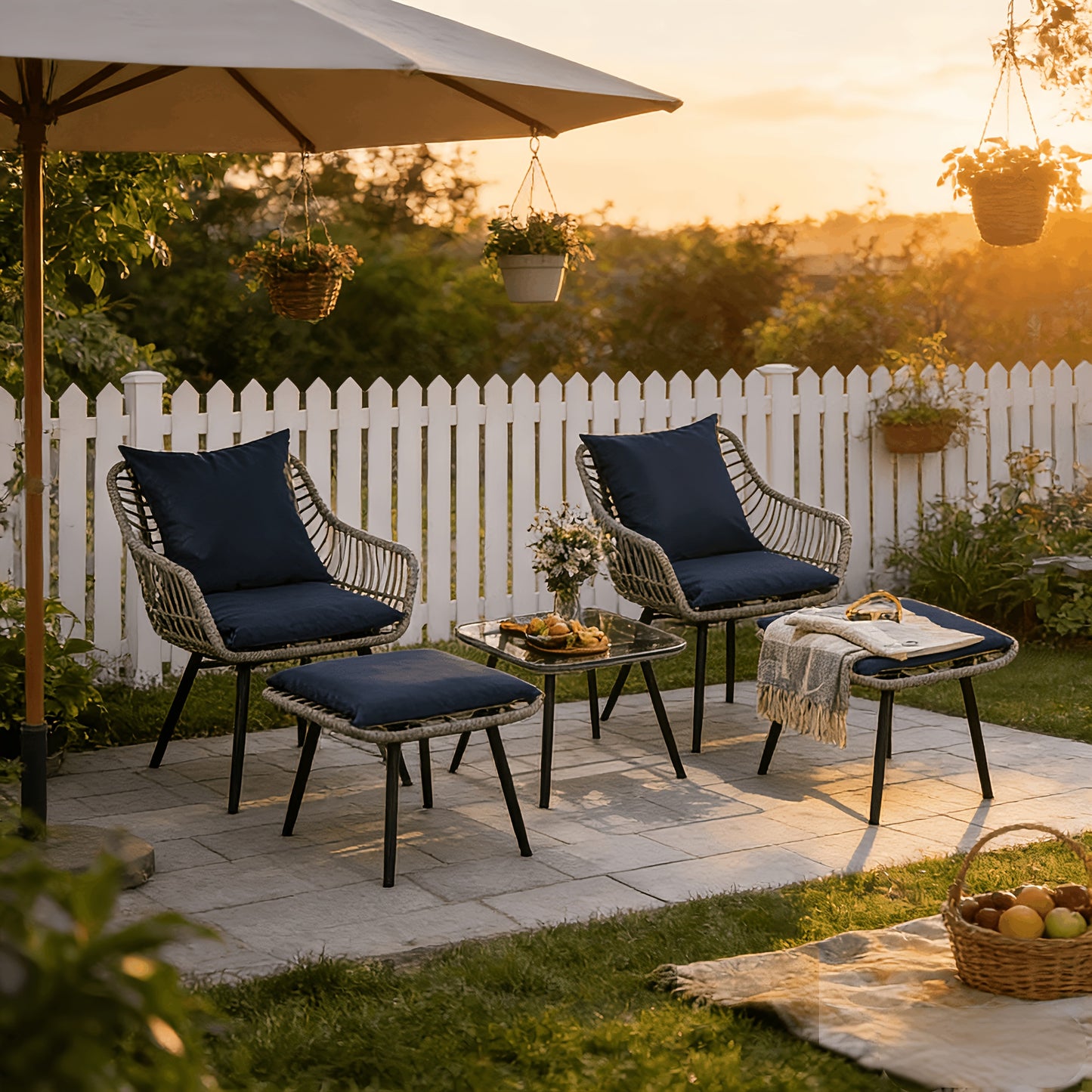 Patio Furniture Set 5 Piece | PE Rattan Sofa with 2 Footstools & Coffee Table, All-Weather Wicker, Easy Assembly, for Garden Balcony Backyard Poolside — Gray & Blue