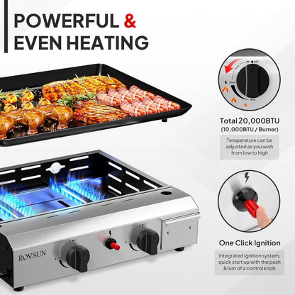 Flat Top Griddle Propane Tabletop 2 or 4 Burner, 20000 BTU Portable Gas Grill with Nonstick Enamel Tray, Piezo Ignition, 246 Sq In Cooking Surface for Camping BBQ Tailgating Backyard