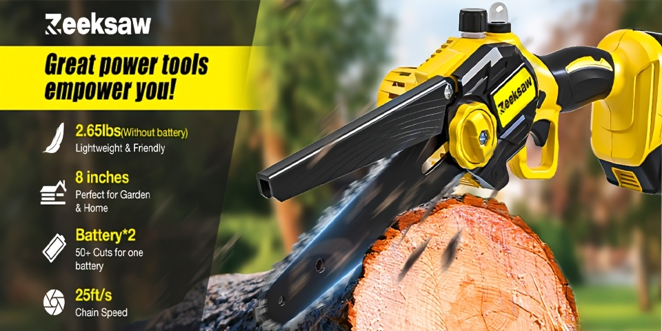 Cordless Mini Chainsaw 8 Inch with 2x2.0Ah Batteries & Charger – Auto Oiler, Chain Tensioning, 26ft/s Speed for Tree Branches & Yard Work