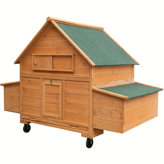 Mobile Chicken Coop with Wheels Large Outdoor Hen House for 6-8 Chickens Waterproof PVC Cover Thickened Fir Wood Double Nesting Box Removable Tray 4 Universal Wheels