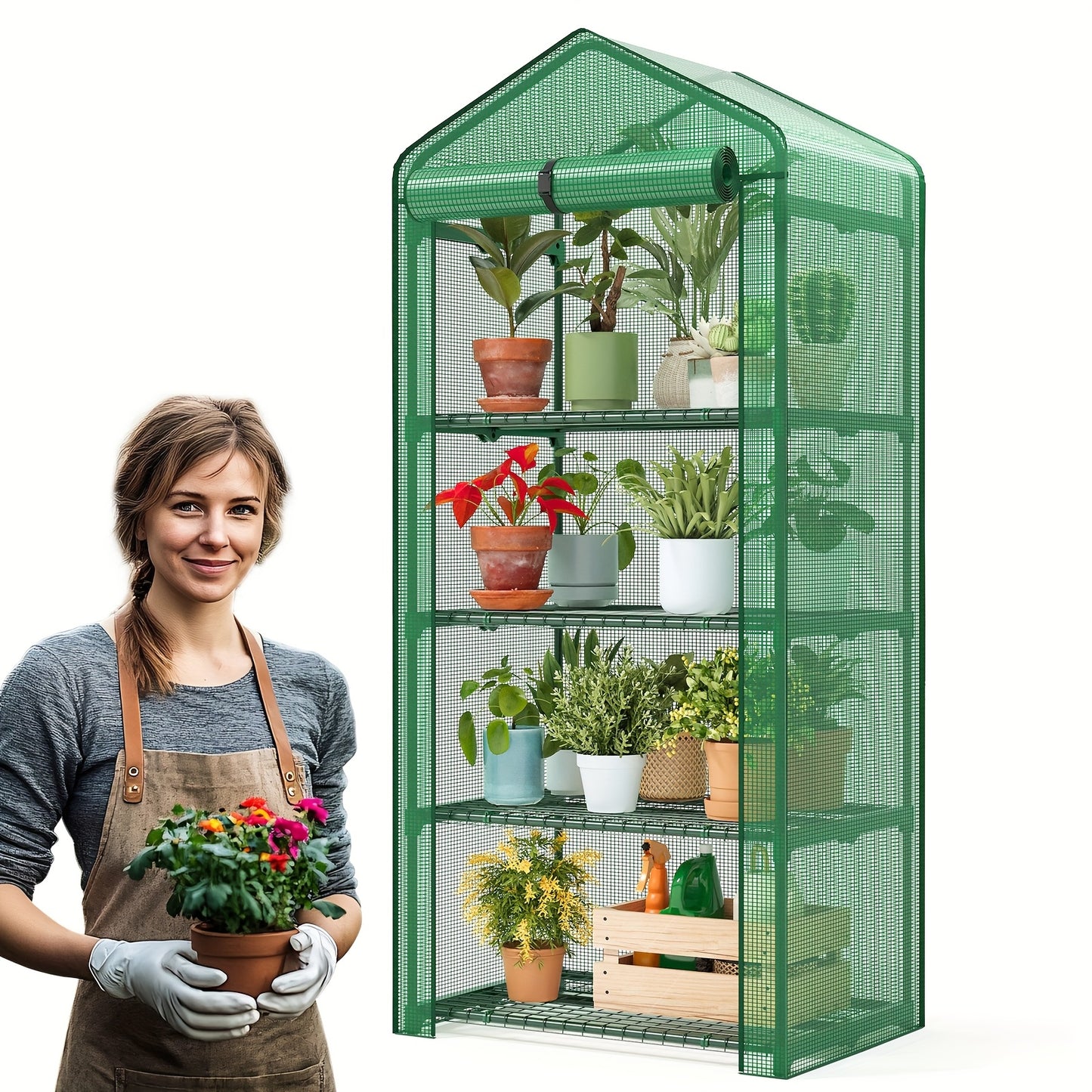 4 Tier Mini Greenhouse for Indoor Outdoor Plants – Portable PE Cover Greenhouse with Rack Stand for Seedlings, Seasonal Decoration & Year-Round Plant Care