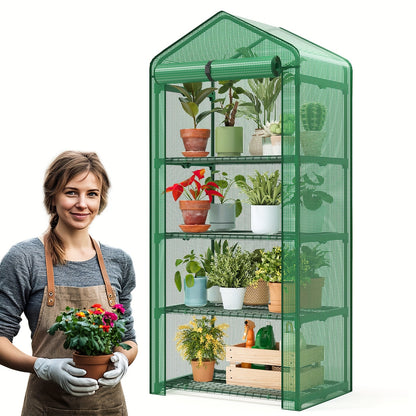 4 Tier Mini Greenhouse for Indoor Outdoor Plants – Portable PE Cover Greenhouse with Rack Stand for Seedlings, Seasonal Decoration & Year-Round Plant Care