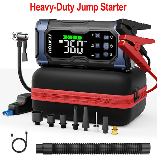 Heavy Duty Jump Starter 20000mAh 9-in-1 with Air Compressor Tire Inflator for All Gas 3.7gal Diesel Large SUV Pickup 12V USB-A USB-C Digital Display