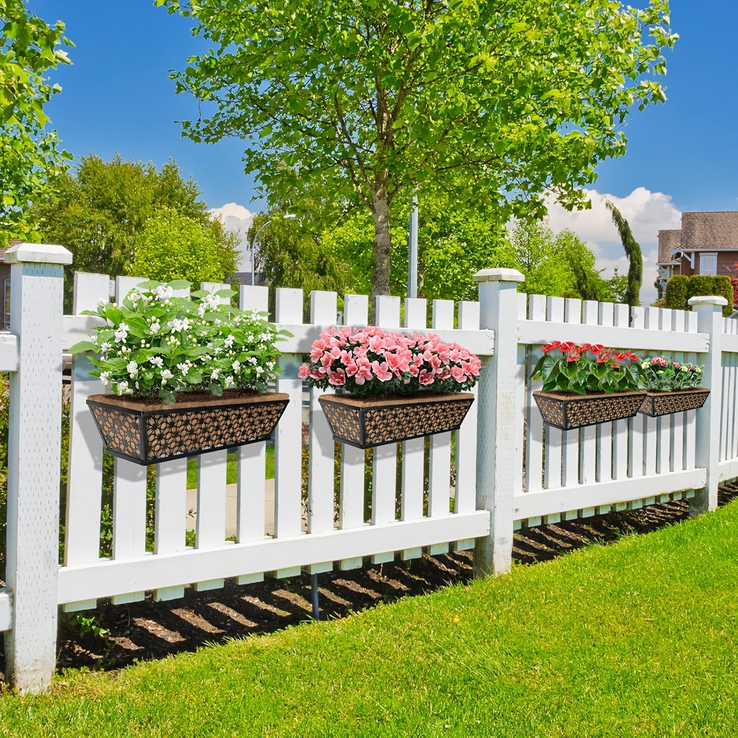 Window Box Planter 24 Inch with Coco Liner Adjustable Railing Brackets Cast Iron Flower Box for Porch Fence Balcony Patio Outdoor Garden Decor 2 Pack