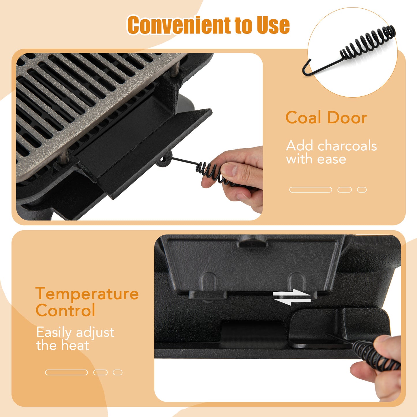 Cast Iron Charcoal Grill Portable Hibachi Tabletop BBQ Grill 16x11in Double-Sided Grate Adjustable Air Vent for Camping Picnic Parties Outdoor Cooking Black