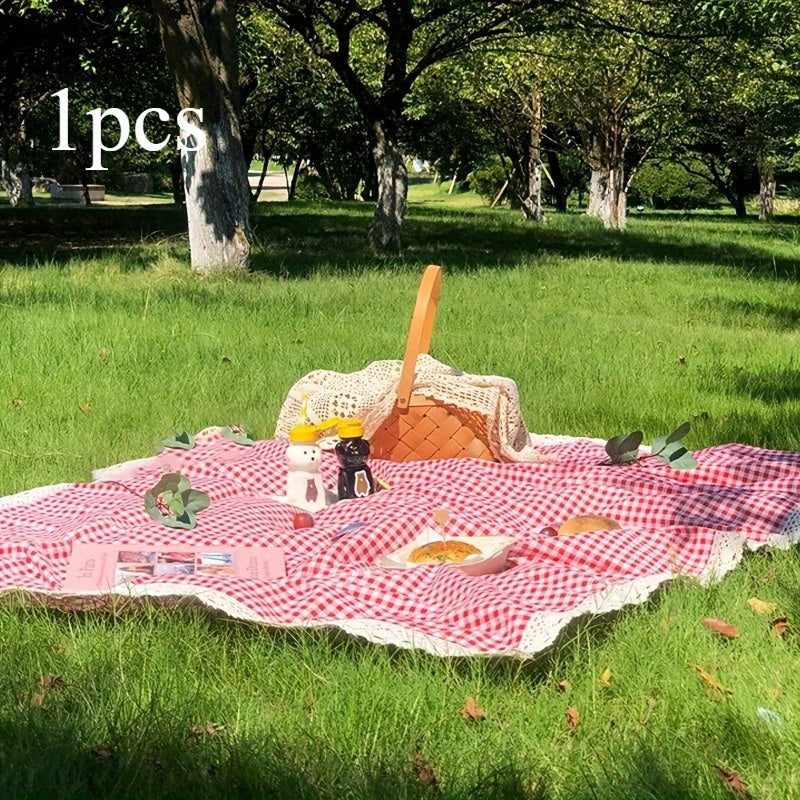 Christmas Tablecloth Red Plaid Lace Trim Picnic Mat Holiday Table Cover Quilted Modal Fabric Outdoor Camping Beach Photography Background