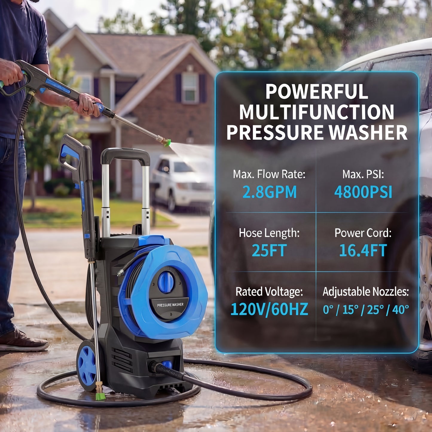 Pressure Washer Electric 4800PSI MAX 2.8 GPM – 25FT Hose, Foam Cannon & 4 Nozzles, Metal Construction Power Washer for Cars, Fences, Patio, Driveway & Outdoor Cleaning