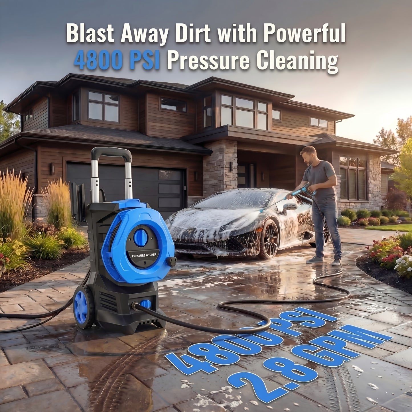 Pressure Washer Electric 4800PSI MAX 2.8 GPM – 25FT Hose, Foam Cannon & 4 Nozzles, Metal Construction Power Washer for Cars, Fences, Patio, Driveway & Outdoor Cleaning