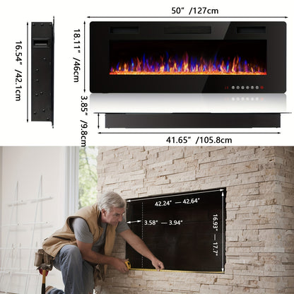 Wall Mounted Electric Fireplace Recessed In-Wall Linear Heater Multicolor Flame 750W/1500W Touch Screen Remote Timer Low Noise 30-60 Inch