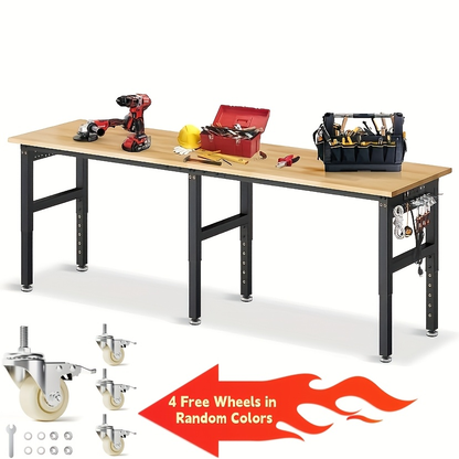 Heavy Duty Workbench Adjustable Height 28"-40", 2000LBS Capacity with ETL Power Outlet, Pegboard & Rubber Wood Top, 60"/96" Garage Workshop Bench