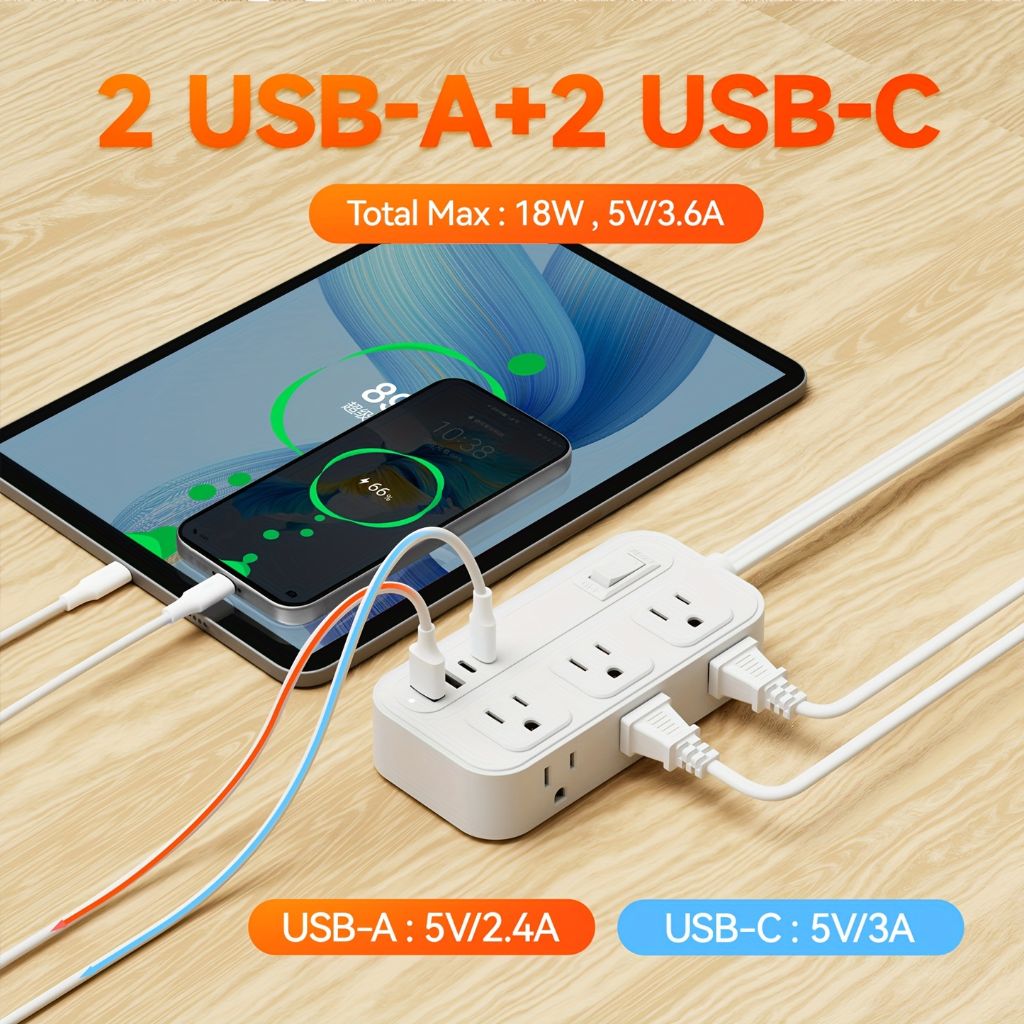 Power Strip Flat Plug Surge Protector with 6 AC Outlets 4 USB Ports 2 USB-C 2 USB-A 5ft Extension Cord Desk Charging Station for Home Dorm Office Travel
