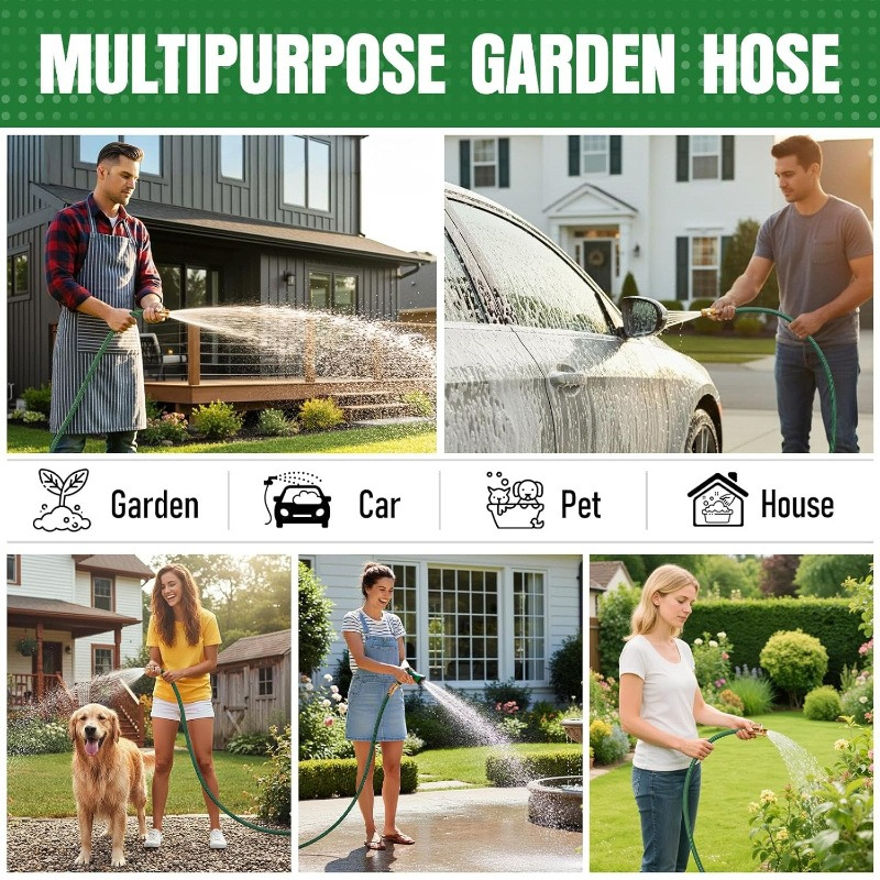 Heavy-Duty Rubber Garden Hose with 9-Function Nozzle | Non-Expandable, Kink-Resistant – 25/50/75/100FT