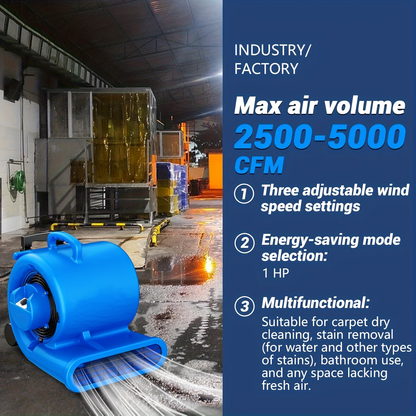 Air Mover Floor Dryer 5000CFM 1HP, Heavy-Duty Carpet Dryer & Portable Blower Fan, 3-Speed Quiet Floor Drying for Home & Commercial Use — Floors, Walls, Ceilings