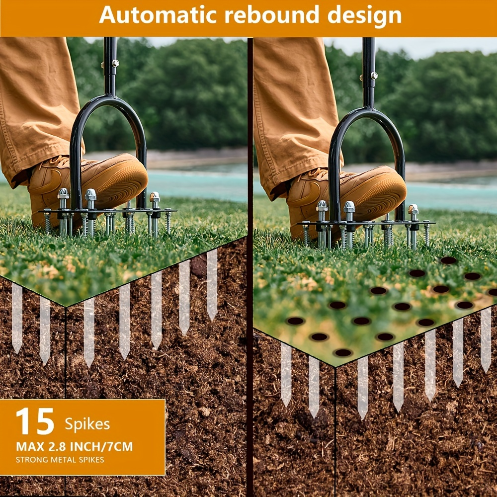 Self-Cleaning Lawn Aerator with 14 Iron Spikes - Spring-Loaded Auto-Clean Mechanism for Leaves & Dirt, Manual Soil Loosening Tool for Patio, Yard & Garden Aeration