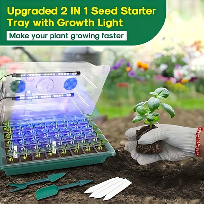 Seed Starting Tray Kit 4-Set 160 Cells High Dome | 8 LED Grow Lights Smart Timer 3 Modes 5 Brightness | Indoor Greenhouse Germination Propagation
