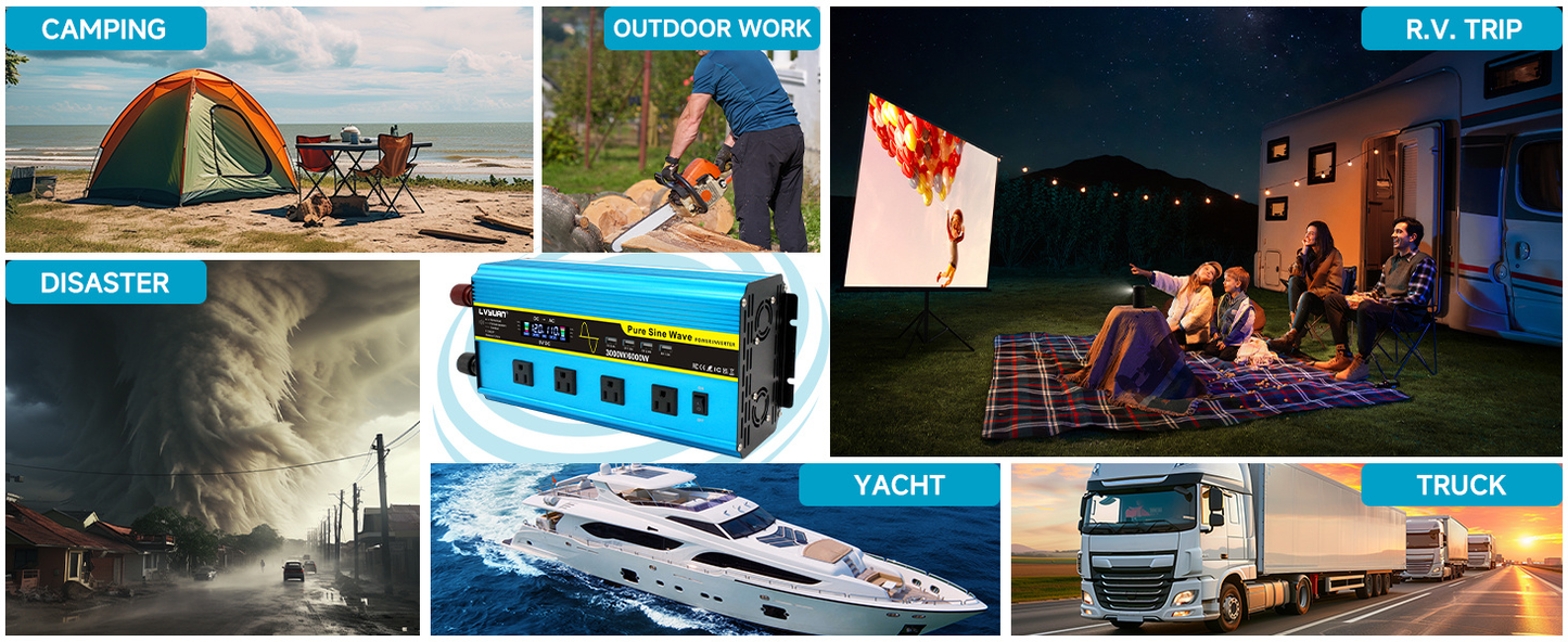 Pure Sine Wave Inverter 3000W 6000W Peak DC 12V 24V to AC 110V with LCD Display 4 AC Outlets Wireless Remote Control for RV Truck Vehicle Camping Home Backup