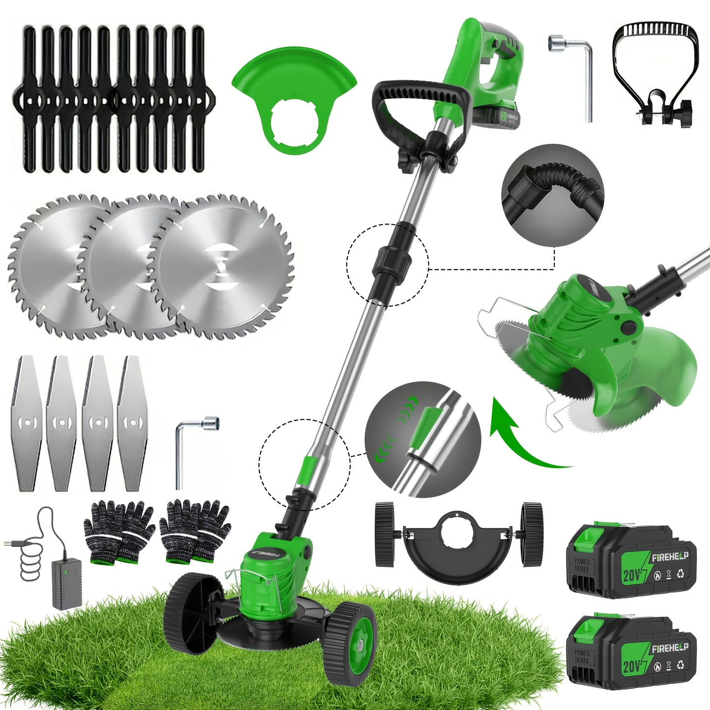 Cordless Lawn Mower 3-in-1 Electric Trimmer Weed Eater Edger Bush Cutter 21V Dual Battery Adjustable Height Swivel Head Lightweight for Small Yards Patios Gardens