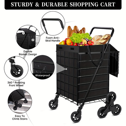 Stair Climbing Cart 8 Wheels 100 LBS Capacity Collapsible Utility Cart Foldable Grocery Dolly with Dual Basket Stainless Steel Frame for Home Office Moving