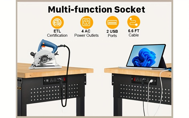 Heavy Duty Workbench Adjustable Height 28"-40", 2000LBS Capacity with ETL Power Outlet, Pegboard & Rubber Wood Top, 60"/96" Garage Workshop Bench