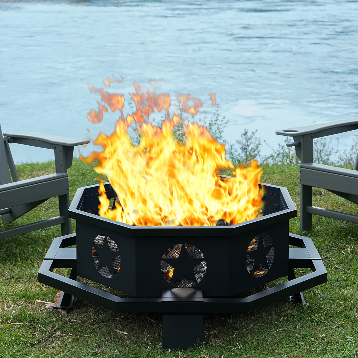 Extra Large Octagonal Fire Pit for Outside, Heavy Duty Steel Wood Burning Firepit for Backyard Patio Camping Garden, 43 & 45 Inch Outdoor Fire Bowl, Black