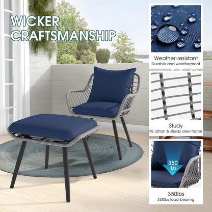 Patio Furniture Set 5 Piece | PE Rattan Sofa with 2 Footstools & Coffee Table, All-Weather Wicker, Easy Assembly, for Garden Balcony Backyard Poolside — Gray & Blue