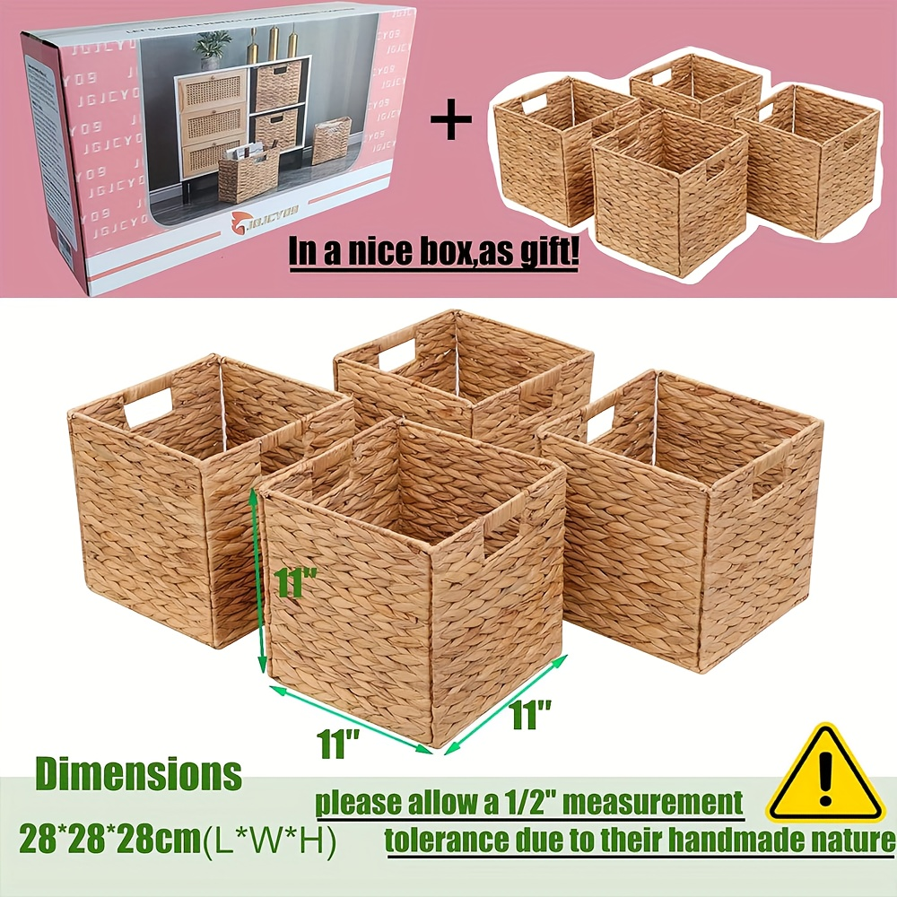 Cube Storage Baskets Foldable – Handwoven Water Hyacinth 11x11 Inch Laundry Organizer Basket with Handles for Cube Shelves, Closet, Bedroom & Living Room, Natural Woven Bin