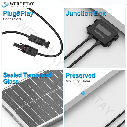 Monocrystalline Solar Panel 100W 12V 24V 24% High Efficiency EL Tested No Hot Spot Waterproof PV Module for Off-Grid Home RV Yacht Camping Farm Battery Charging Easy Install