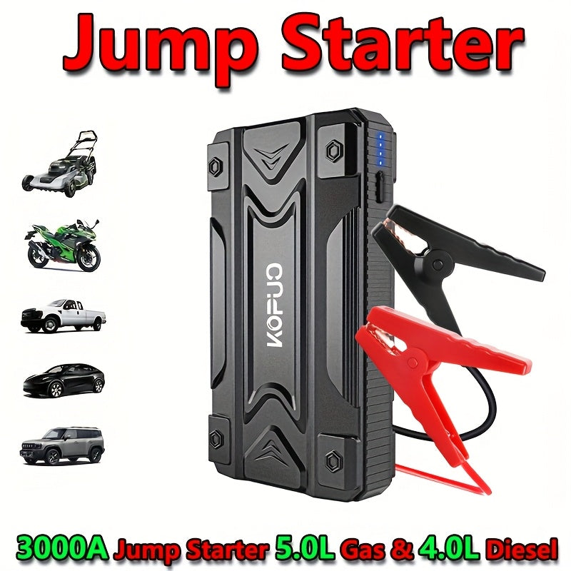 Car Jump Starter Power Bank 3-in-1 12V Battery Booster Charger LED Flashlight SOS for Cars Motorcycles SUVs Compact Emergency Starter Dead Battery in Seconds