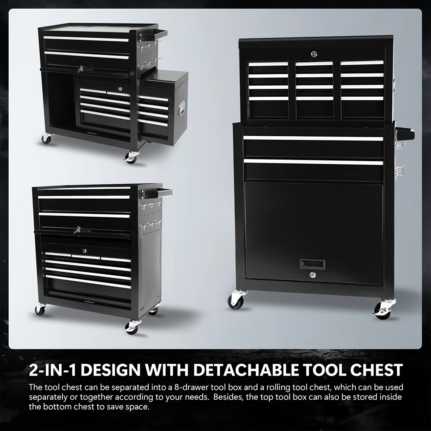 Rolling Tool Chest 8-Drawer Alloy Steel 2-in-1 Mobile Workbench Detachable Top Lockable Wheels Garage Storage Cabinet Tool Organizer for Workshop Home
