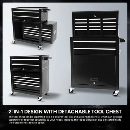 Rolling Tool Chest 8-Drawer Alloy Steel 2-in-1 Mobile Workbench Detachable Top Lockable Wheels Garage Storage Cabinet Tool Organizer for Workshop Home