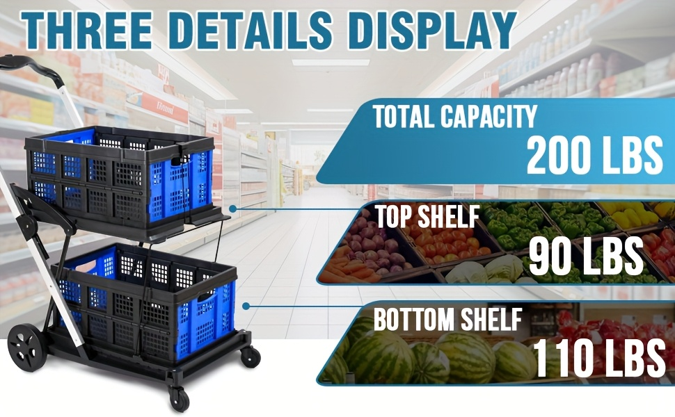 Two Tier Cart with 2 Storage Crates 360° Swivel Wheels, Heavy Duty Collapsible Shopping Trolley Folding Utility Cart for Groceries Picnic Office Multi-Use