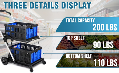 Two Tier Cart with 2 Storage Crates 360° Swivel Wheels, Heavy Duty Collapsible Shopping Trolley Folding Utility Cart for Groceries Picnic Office Multi-Use