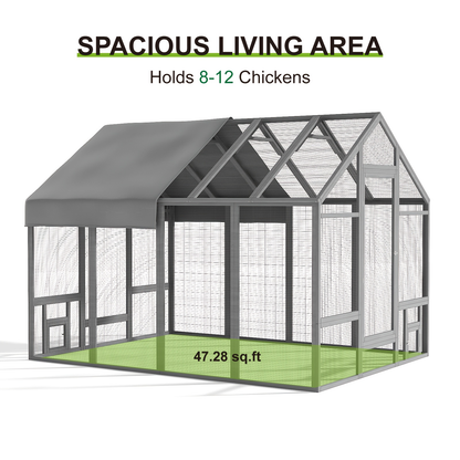 Walk-In Chicken Coop 96" Extra Large with Movable Fence | Outdoor Wooden Poultry Cage with Weatherproof Cover, Nesting Box & Walk-In Run for Farm, Yard – Gray