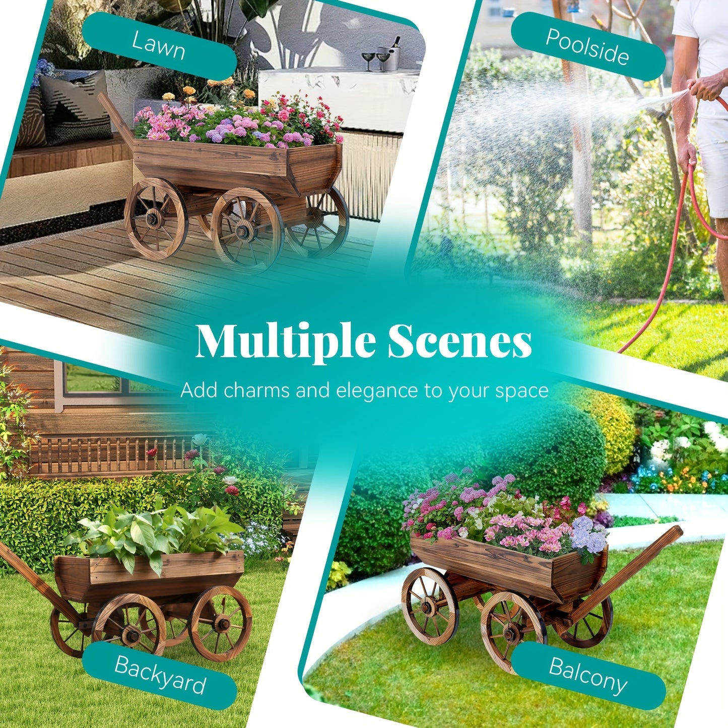 Wooden Wagon Planter with Wheels – Rustic Handcrafted Flower Cart for Patio, Balcony & Garden, Multi-Tier Ladder Shelf Outdoor Yard Decor