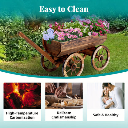 Wooden Wagon Planter with Wheels – Rustic Handcrafted Flower Cart for Patio, Balcony & Garden, Multi-Tier Ladder Shelf Outdoor Yard Decor