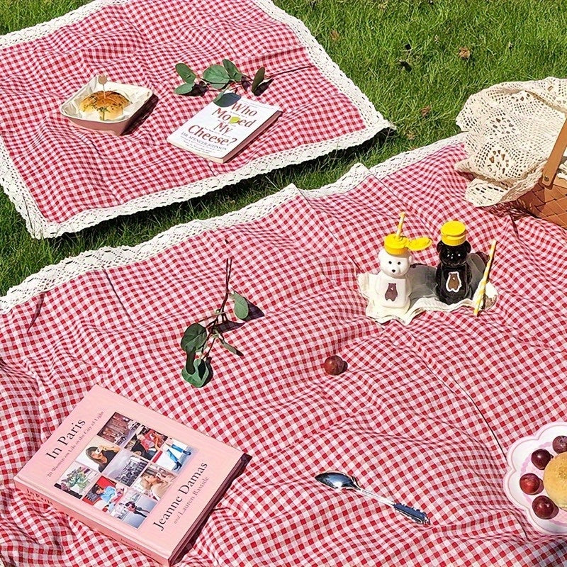 Christmas Tablecloth Red Plaid Lace Trim Picnic Mat Holiday Table Cover Quilted Modal Fabric Outdoor Camping Beach Photography Background