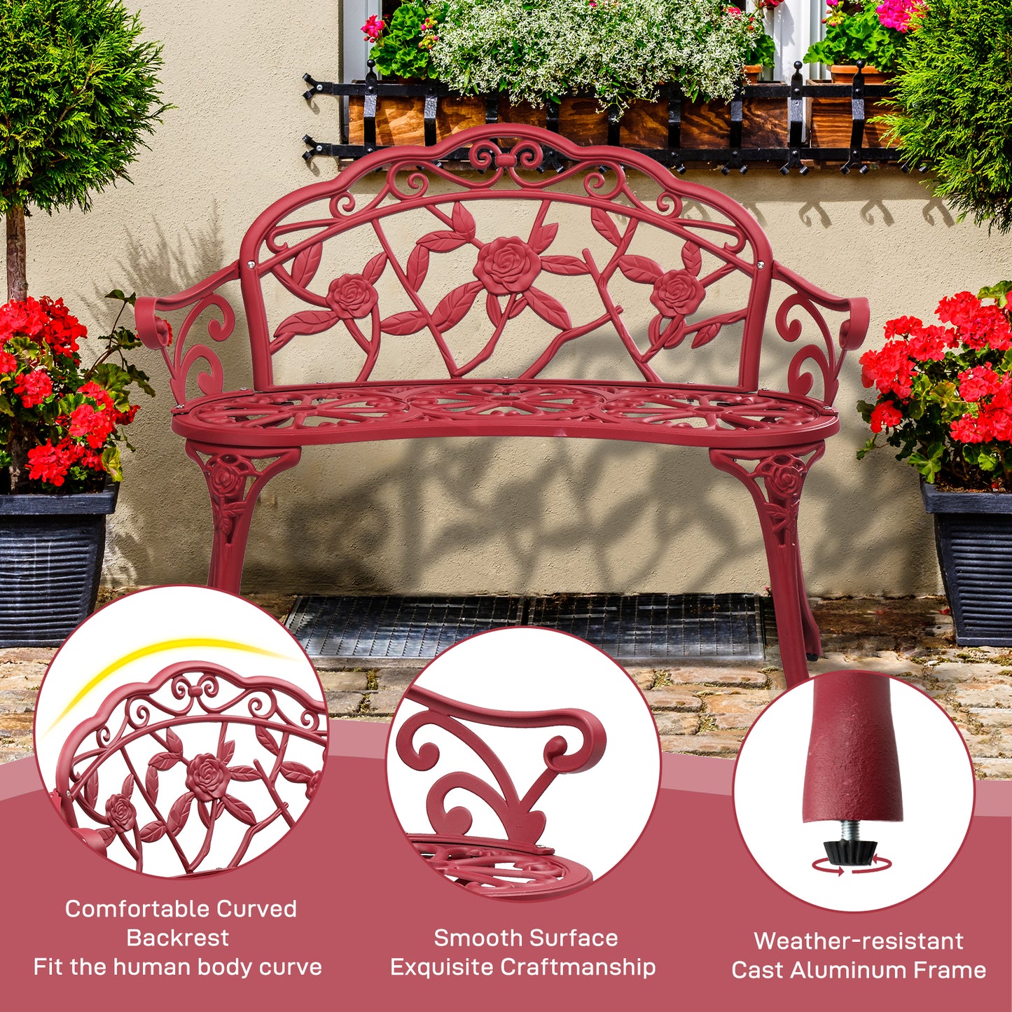 Outdoor Garden Bench Rose Pattern Cast Aluminum Floral Patio Bench with Armrests Vintage Metal Bench for Porch Courtyard Wedding Decor 38.5 Inch