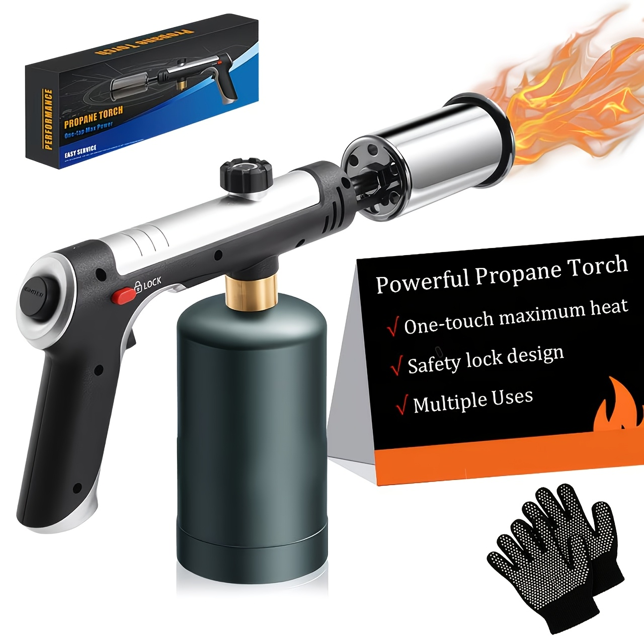 Propane Torch with One-Touch Max Fire & Safety Lock, Cooking Blow Torch Gun for Sous Vide, Searing Steak, BBQ, Grill, Campfire & Charcoal, Adjustable Flame Kitchen Torch, Black/Golden (Tank Not Included)