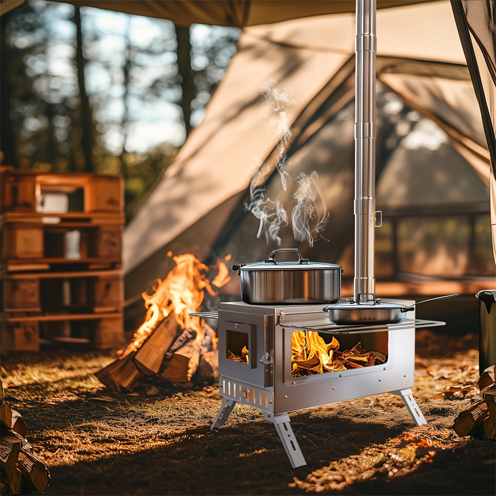 Wood Burning Stove Portable Camping Tent Stove with 7 Detachable Chimney Pipes, Stainless Steel, Adjustable Height, Fire-Resistant Window, Ash Tool & Carry Bag