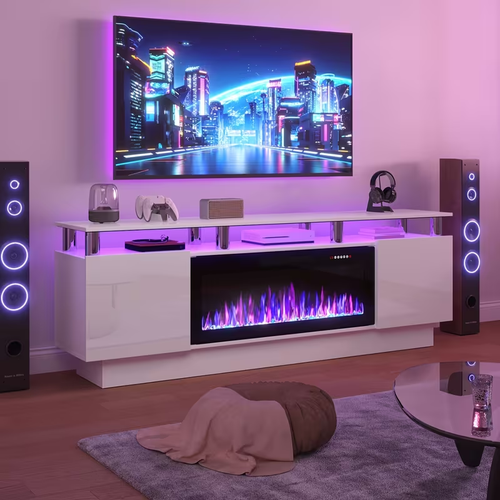 Fireplace TV Stand 70 Inch with 36" Electric Fireplace 2-Tier High Gloss Wood Entertainment Center LED Lights Cabinet Media Console Living Room