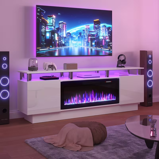 Fireplace TV Stand 70 Inch with 36" Electric Fireplace 2-Tier High Gloss Wood Entertainment Center LED Lights Cabinet Media Console Living Room