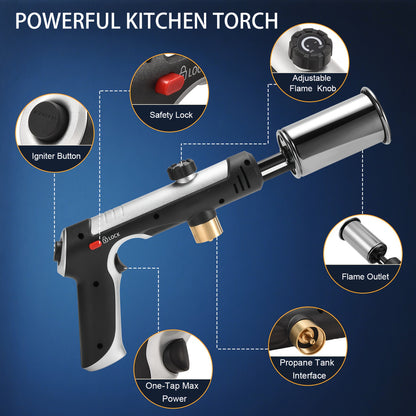 Propane Torch Gun with Safety Lock & One-Touch Max Fire – Adjustable Flame Butane Burner for Searing Steak, BBQ, Caramel, Camping, Welding & Crafts (Gas Not Included)