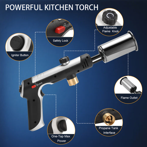 Propane Torch Gun with Safety Lock & One-Touch Max Fire – Adjustable Flame Butane Burner for Searing Steak, BBQ, Caramel, Camping, Welding & Crafts (Gas Not Included)