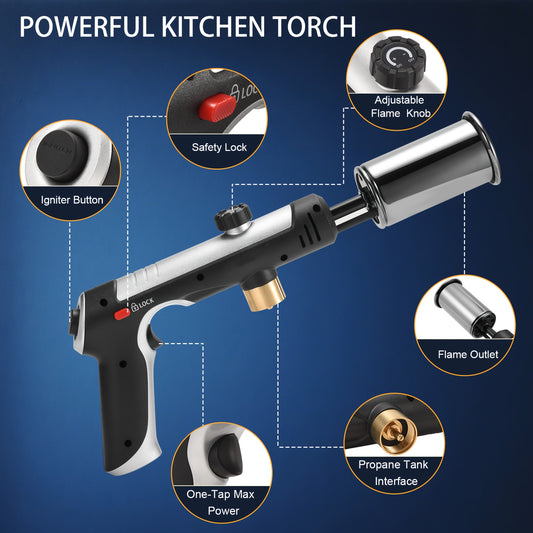 Propane Torch Gun with Safety Lock & One-Touch Max Fire – Adjustable Flame Butane Burner for Searing Steak, BBQ, Caramel, Camping, Welding & Crafts (Gas Not Included)