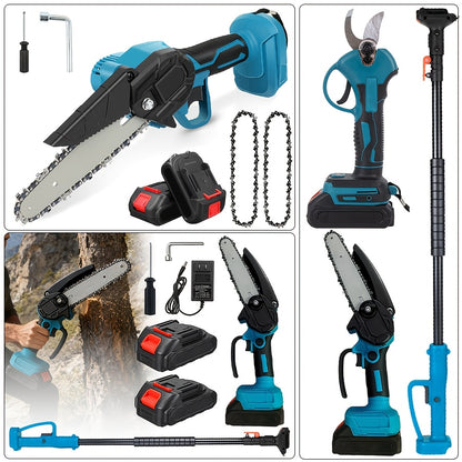 Pole Saw Set with Electric Chainsaw – 6-Inch Cordless Pruner, Long-Handle Scissor Kit, Safety Lock for Tree Pruning & Landscaping