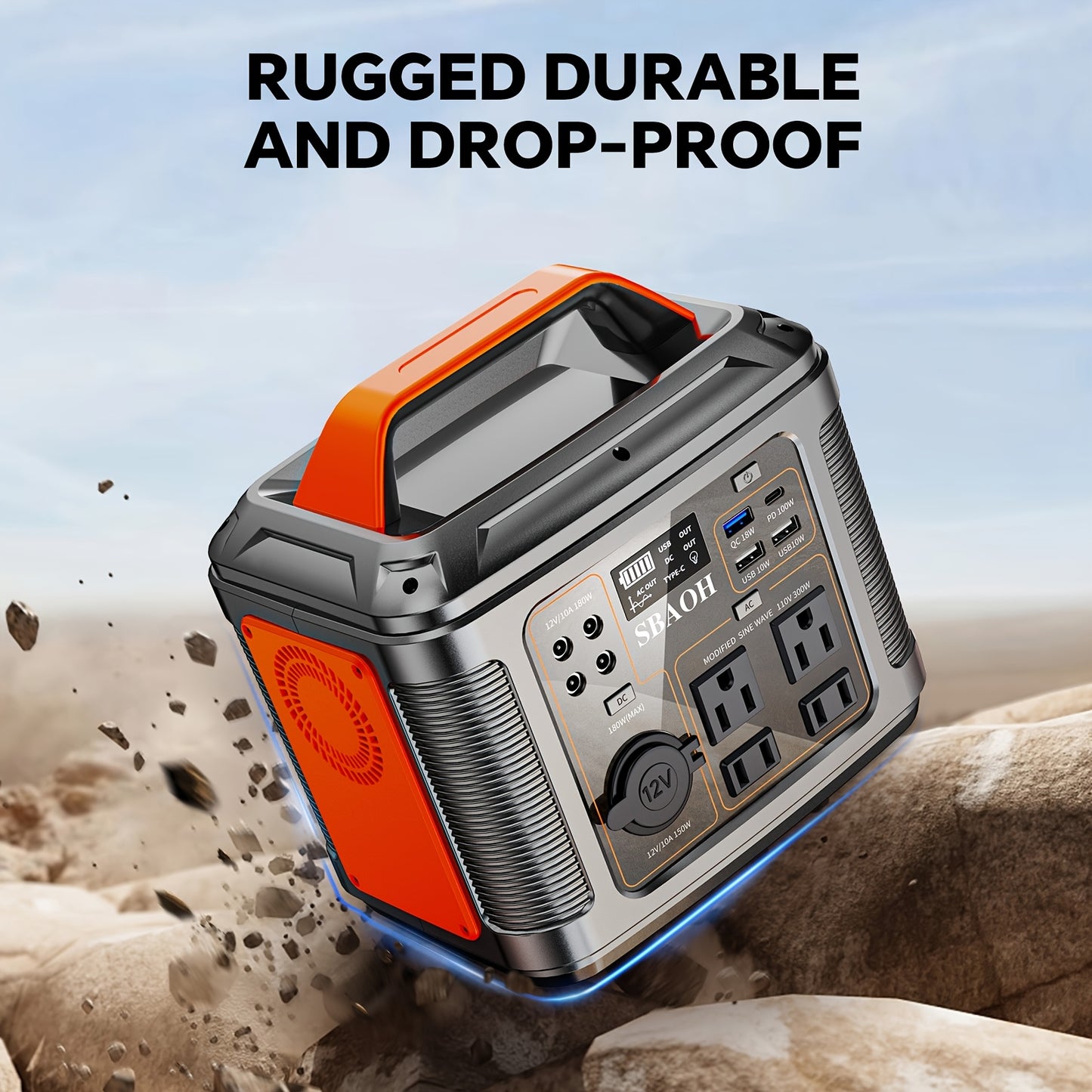 Solar Generator Portable Power Station 300W 296Wh | 60W Solar Panel AC DC USB Fast Charging LED Flashlight | Camping RV Emergency Backup Battery Orange