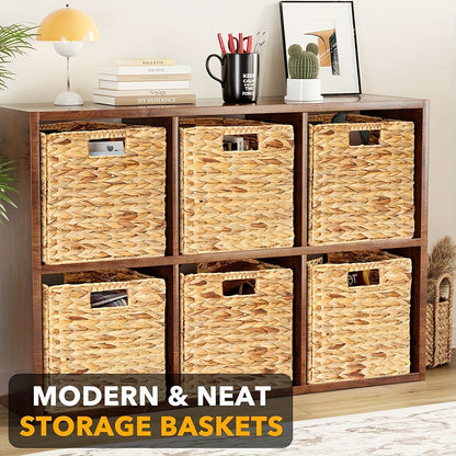 Cube Storage Baskets Foldable – Handwoven Water Hyacinth 11x11 Inch Laundry Organizer Basket with Handles for Cube Shelves, Closet, Bedroom & Living Room, Natural Woven Bin