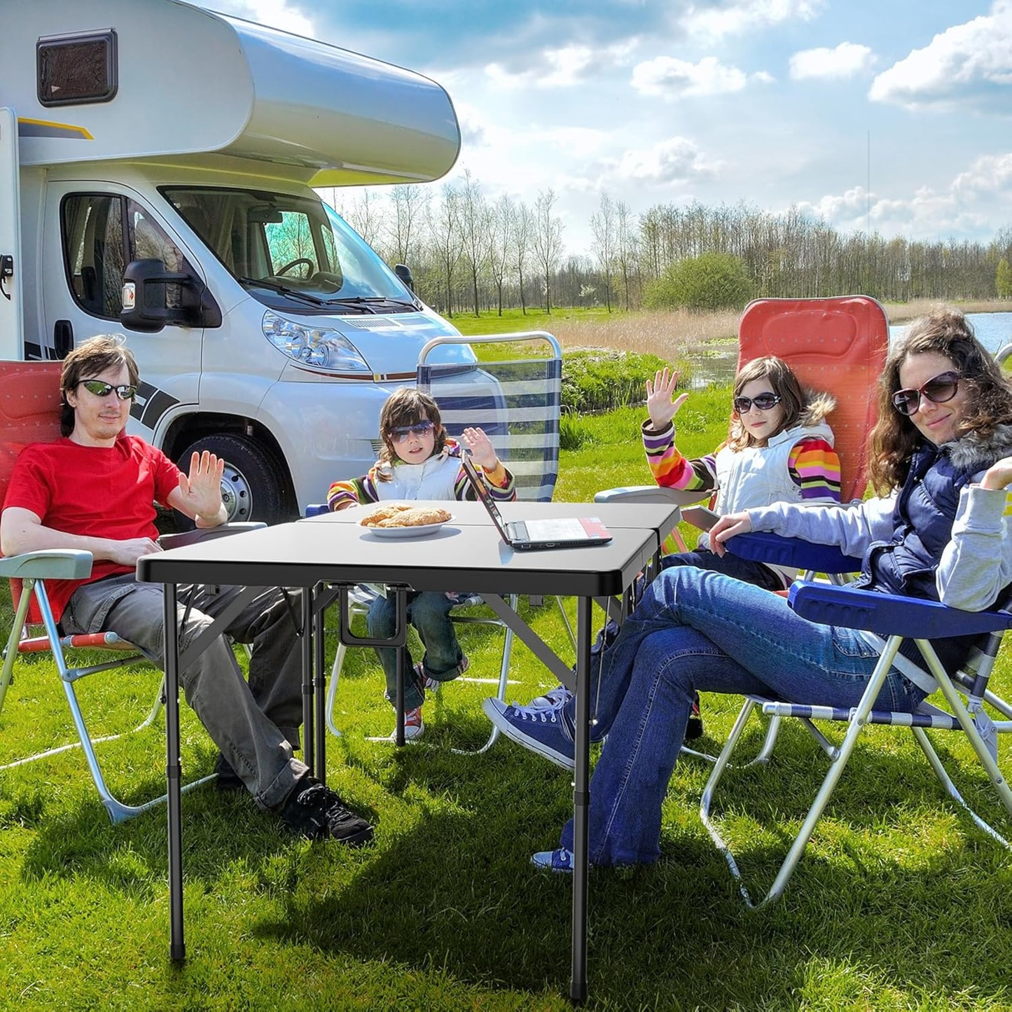 Square Folding Table 34" Bi-Fold HDPE Top 330 lbs Capacity Rust-Resistant Frame with Carry Handle for Party, Wedding, Camping & Indoor Use