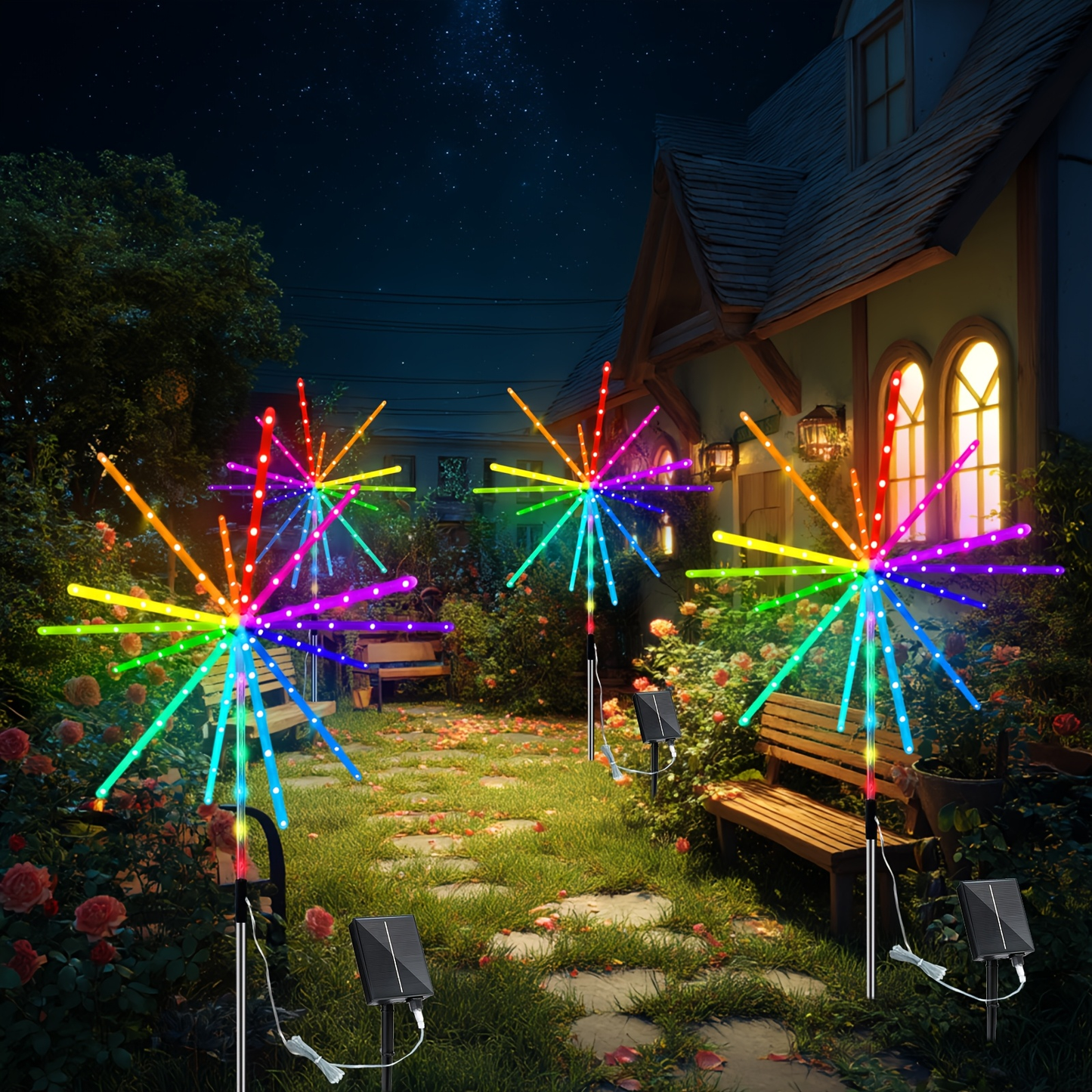 Solar Meteor Lights Outdoor 4 Pack 336 LED True 3D Firework Effect IP65 Waterproof Ground Stake with Remote Control Multi-Color – Garden Patio Christmas Valentine Party Camping Decoration