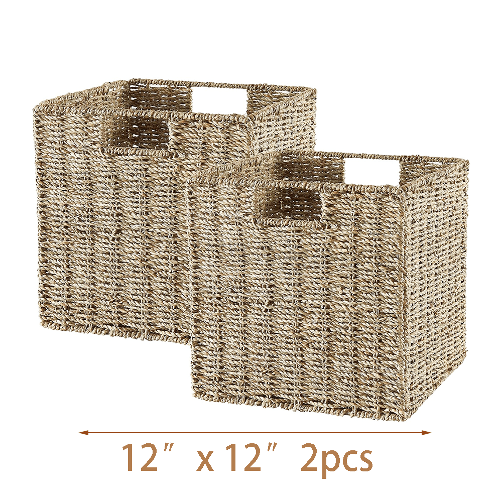 Woven Storage Baskets - Water Hyacinth, Seagrass & Paper Rope Organizer Bins for Shelves, Bathroom, Kitchen, Bedroom, Boho Home Decor